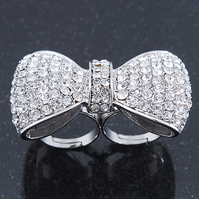 Large Clear Austrian Crystal Pave Set 'Bow' Two Finger Ring In Rhodium Plating - 50mm Across - Adjustable