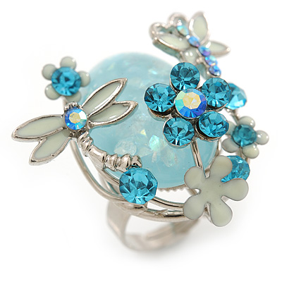Exquisite Light Blue Flower And Butterfly Cocktail Ring In Rhodium Plating - Adjustable size 7/8