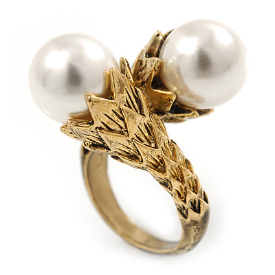 Vintage Inspired 12mm White Simulated Glass Pearl Floral Ring In Antique Gold Tone - Size 7 - main view