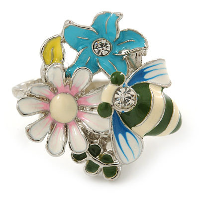 Multicoloured Enamel Flower and Bee Ring In Rhodium Plating - main view