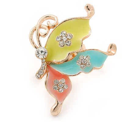 Multicoloured Enamel Crystal Butterfly Ring In Gold Tone Metal - Adjustable - Size 7/8