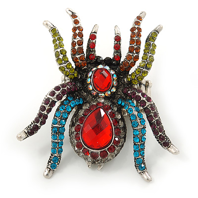 Oversized Multicoloured Crystal Spider Stretch Cocktail Ring (Silver Tone) - Adjustable - Size 7/9 - main view