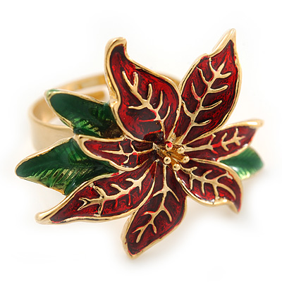Christmas Dark Red/ Green Enamel Poinsettia Holiday Ring In Gold Plating - 30mm Across - Size 7/8 - main view