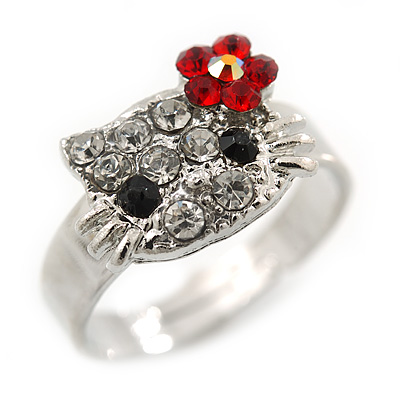 Silver Tone Crystal Kitty With Red Flower Adjustable Ring - Size 7/8