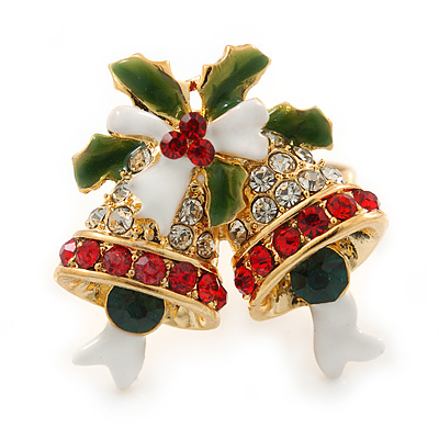 Christmas 'Jingle Bells' Red, Clear, Green Crystal, Enamel Ring In Gold Plating - 25mm Across - Size 7/8 - main view