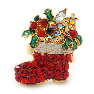 Red Crystal Christmas Stocking Holiday Ring In Gold Plating - 30mm Across - Size 7/8 - main view