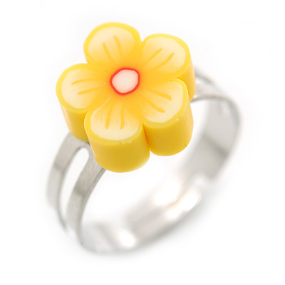 Children's/ Teen's / Kid's Bright Yellow Fimo Flower Ring In Silver Tone - Adjustable - main view