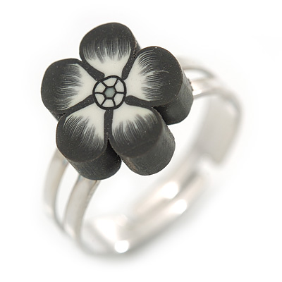 Children's/ Teen's / Kid's Black Fimo Flower Ring In Silver Tone - Adjustable - main view