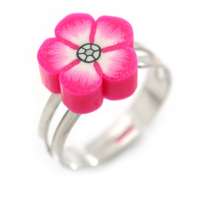 Children's/ Teen's / Kid's Deep Pink Fimo Flower Ring In Silver Tone - Adjustable - main view