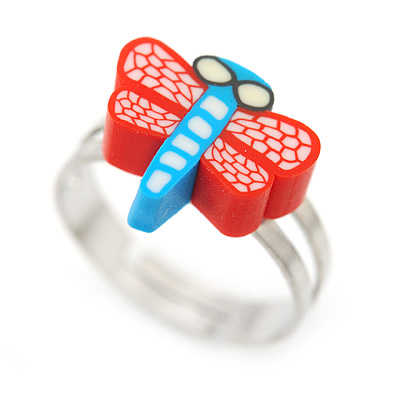Children's/ Teen's / Kid's Red/ Light Blue Fimo Dragonfly Ring In Silver Tone - Adjustable - main view