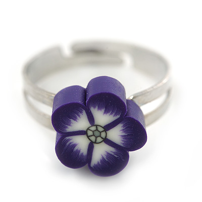 Children's/ Teen's / Kid's Purple Fimo Flower Ring In Silver Tone - Adjustable - main view