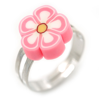 Children's/ Teen's / Kid's Pink Fimo Flower Ring In Silver Tone - Adjustable - main view
