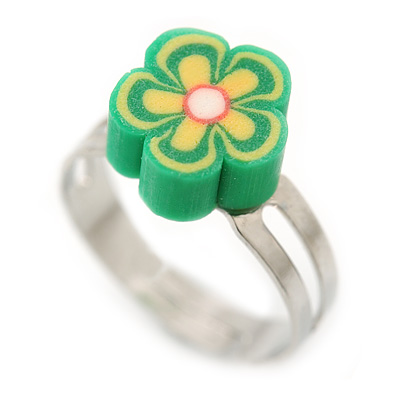 Children's/ Teen's / Kid's Green Fimo Flower Ring In Silver Tone - Adjustable