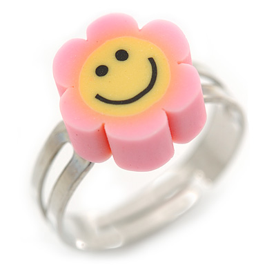 Children's/ Teen's / Kid's Deep Pink, Yellow Fimo Flower Ring In Silver Tone - Adjustable