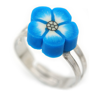 Children's/ Teen's / Kid's Blue Fimo Flower Ring In Silver Tone - Adjustable - main view