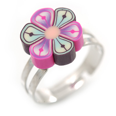 Children's/ Teen's / Kid's Pink, Purple Fimo Flower Ring In Silver Tone - Adjustable