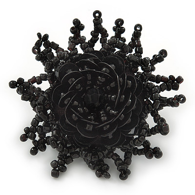 Large Black Glass & Sequin Bead Flower Stretch Ring - 50mm Diameter