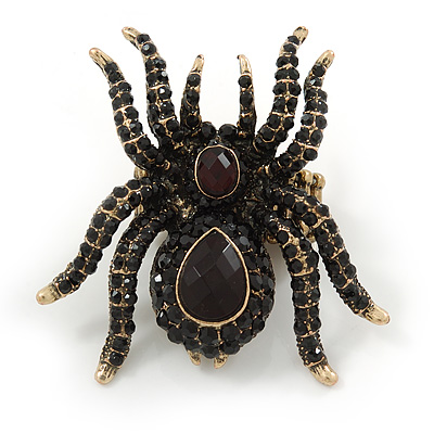 Oversized Black Crystal Spider Stretch Cocktail Ring (Antique Gold Tone) - Adjustable - Size 7/9 - main view