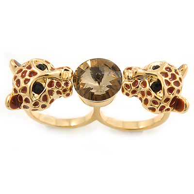Brown Enamel, Crystal Two Head Jaguar Double Finger Ring In Gold Plated Metal - (Size 7/8) - 45mm Width - main view