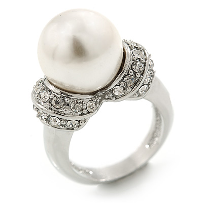 14mm White Glass Pearl, Crystal Ring In Rhodium Plating - Size 8