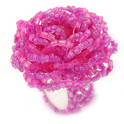 Pink Glass Bead Flower Stretch Ring - main view