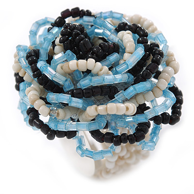 White/ Black/ Light Blue Glass Bead Flower Stretch Ring - main view