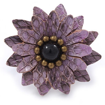Lavender Leather Layered With Glass Bead Daisy Flower Wire Band Ring - Adjustable - 40mm D - main view