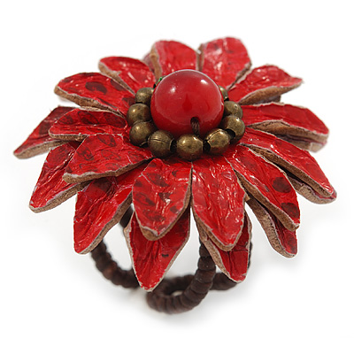 Red Leather Layered With Glass Bead Daisy Flower Wire Band Ring - Adjustable - 40mm D - main view