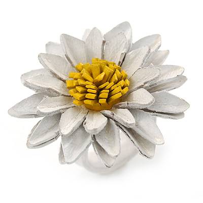White/ Yellow Leather Layered Daisy Flower Ring - 40mm D - Adjustable - main view