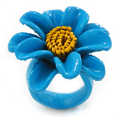 Light Blue/ Yellow Leather Daisy Flower Ring - 35mm D - Adjustable - main view