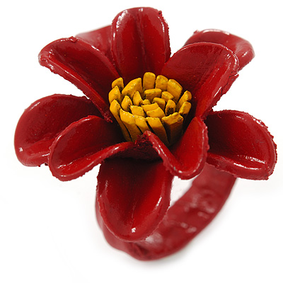 Dark Red/ Yellow Leather Daisy Flower Ring - 35mm D - Adjustable - main view