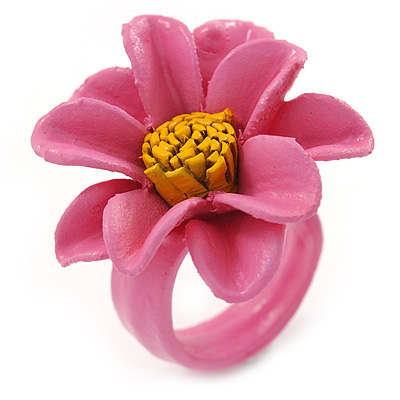 Pink/ Yellow Leather Daisy Flower Ring - 35mm D - Adjustable - main view