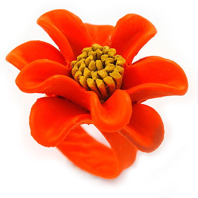 Bright Orange/ Yellow Leather Daisy Flower Ring - 35mm D - Adjustable - main view