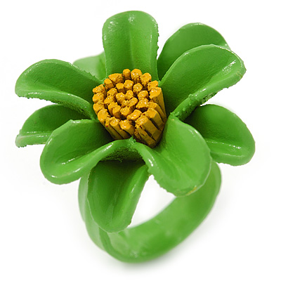 Grass Green/ Yellow Leather Daisy Flower Ring - 35mm D - Adjustable - main view