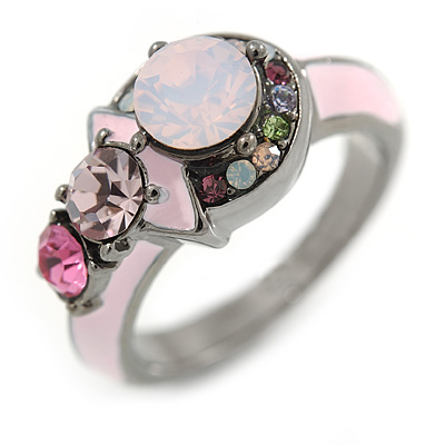 Multicoloured Cluster Crystal with Pink Enamel Ring In Gun Metal Tone - main view