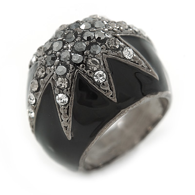 Statement Dome Shape Black Enamel with Crystal Star Motif Band Ring In Black Tone