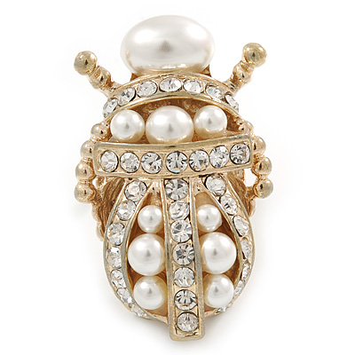 Clear Crystal, Glass Pearl Egyptian 'Scarab' Beetle Ring In Gold Plating - Size 7/8 - Adjustable - 45mm - main view