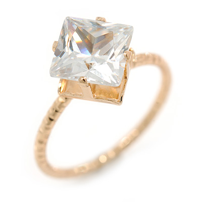 Delicate Clear Princess-Cut Crystal Solitaire Ring In Gold Plating - Size 7 - main view