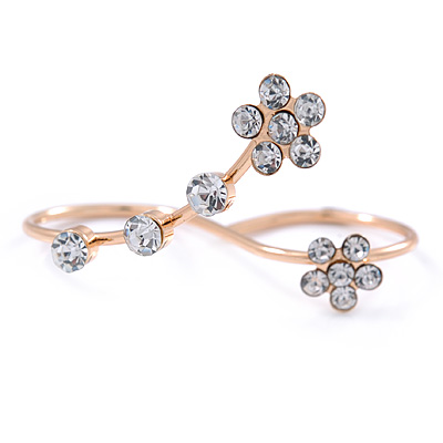 Delicate Gold Plated Crystal Floral Double Finger Adjustable Ring - main view