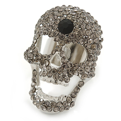 Dazzling Light Grey Crystal Skull Cocktail Ring - Size 7/8 - Adjustable - main view