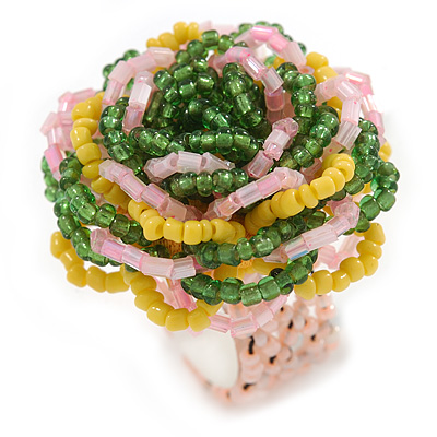 Yellow/ Pink/ Green Glass Bead Flower Stretch Ring - 35mm D - main view