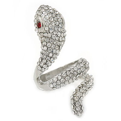 Clear Crystal Snake Ring In Rhodium Plated Metal - 45mm L - Size 7 - main view