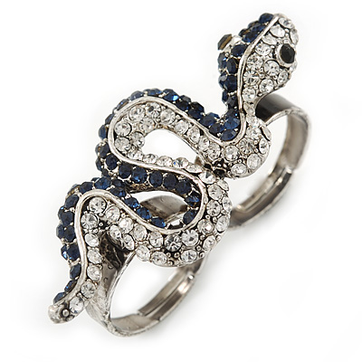Clear/ Montana Blue Crystal Snake Double Finger Ring In Antique Sliver Metal - Size 7/8 (Adjustable) - main view