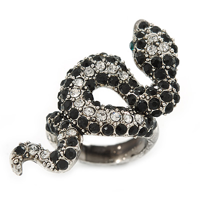 Vintage Inspired Black/ Clear Crystal Coiled Snake Ring In Silver Tone - Size 7 - main view