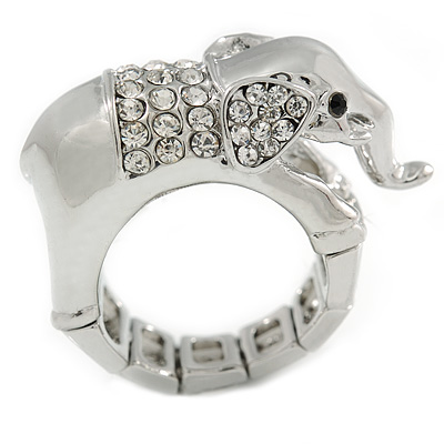 Rhodium Plated Clear Crystal Elephant Stretch Ring - Size 8/9