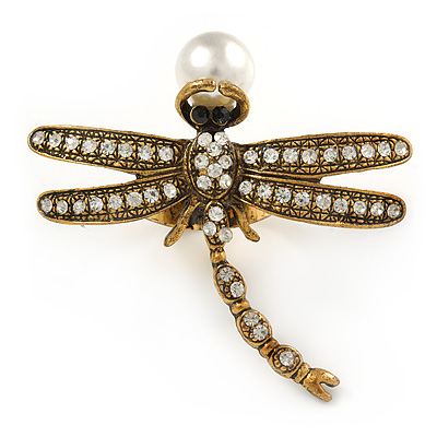 Large Vintage Inspired Crystal Dragonfly with Pearl Bead Ring In Antique Gold Tone Metal - 55mm - Size 8