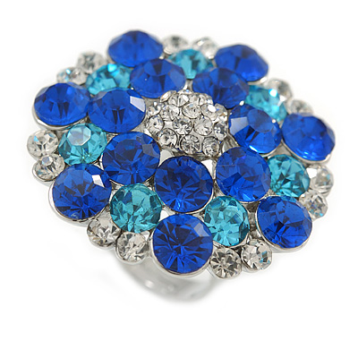 Rhodium Plated Sapphired Blue/ Clear/ Azure Diamante Cocktail Ring (Adjustable Size 7/8) - 30mm D