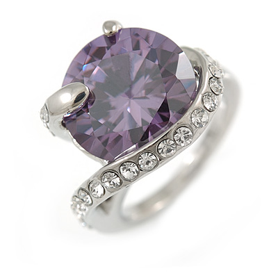 Statement Round Cut Amethyst Glass Stone Clear Crystal Rings In Rhodium Plating - Size 8 - main view