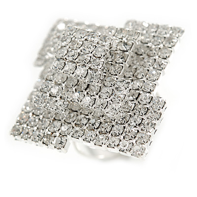 Statement Diamante Square Cocktail Ring In Silver Tone - Size 7/8 Adjustable - main view