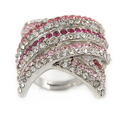 Statement 'Criss Cross' Pink, Magenta, Clear Crystal Rings In Rhodium Plated Metal - 7/8 Size Adjustable - main view